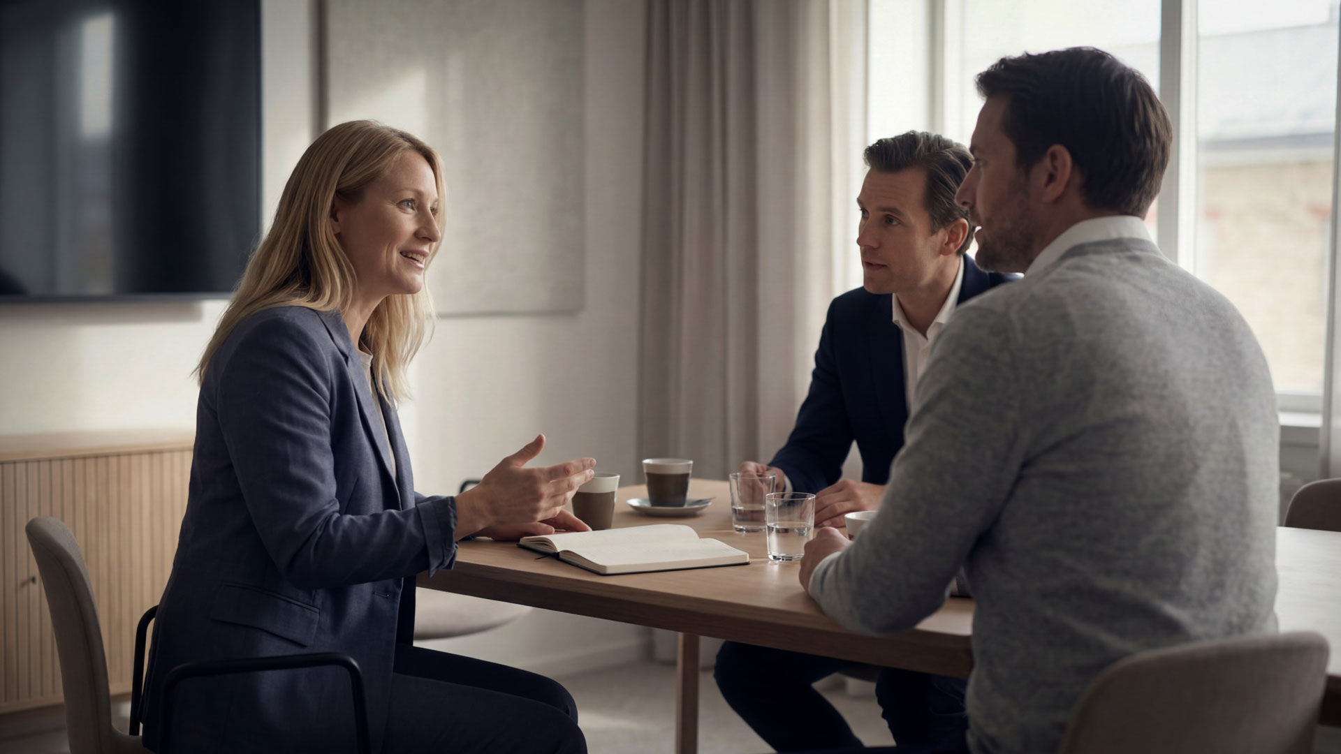 Drei Personen unterhalten sich an einem Besprechungstisch