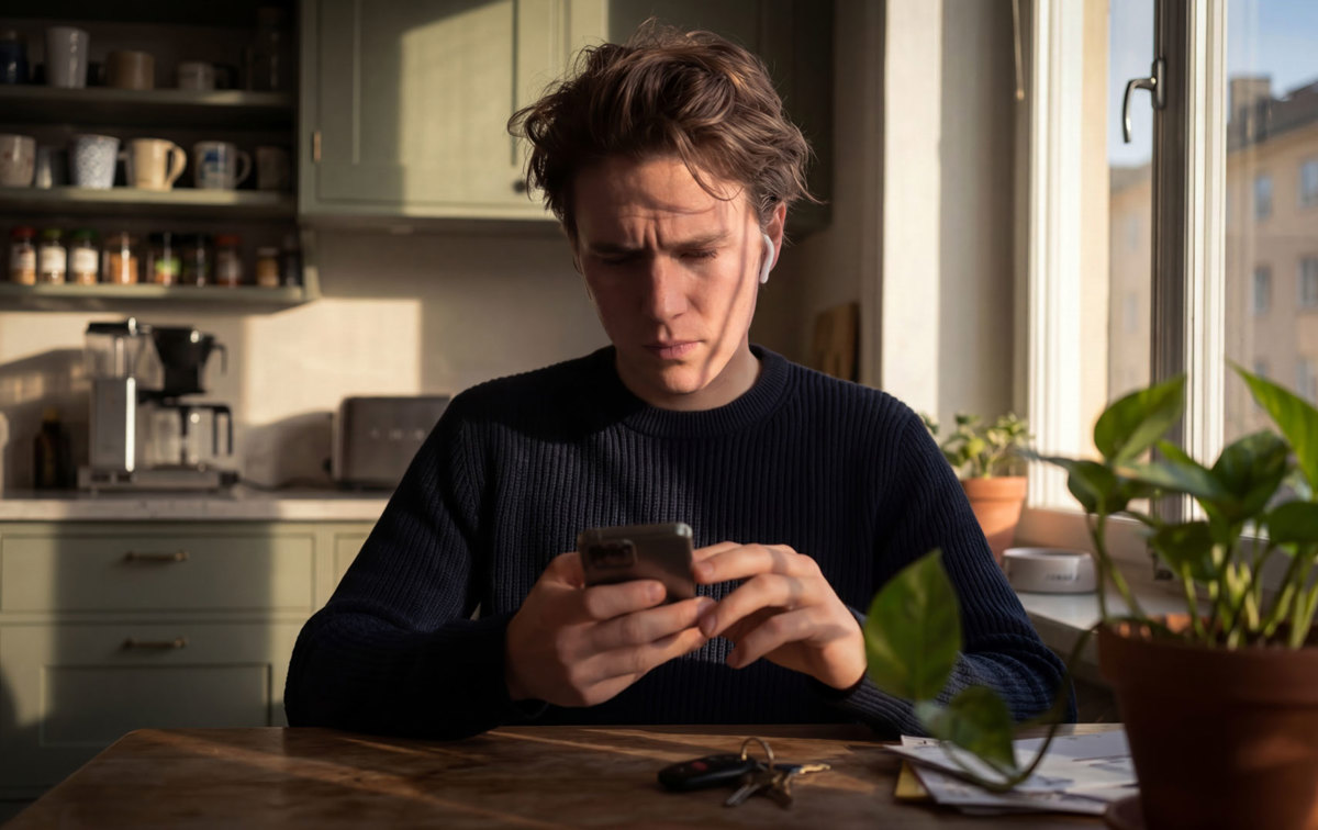 Ein Mann sitzt am Küchentisch mit Kopfhörern und schaut auf sein Handy