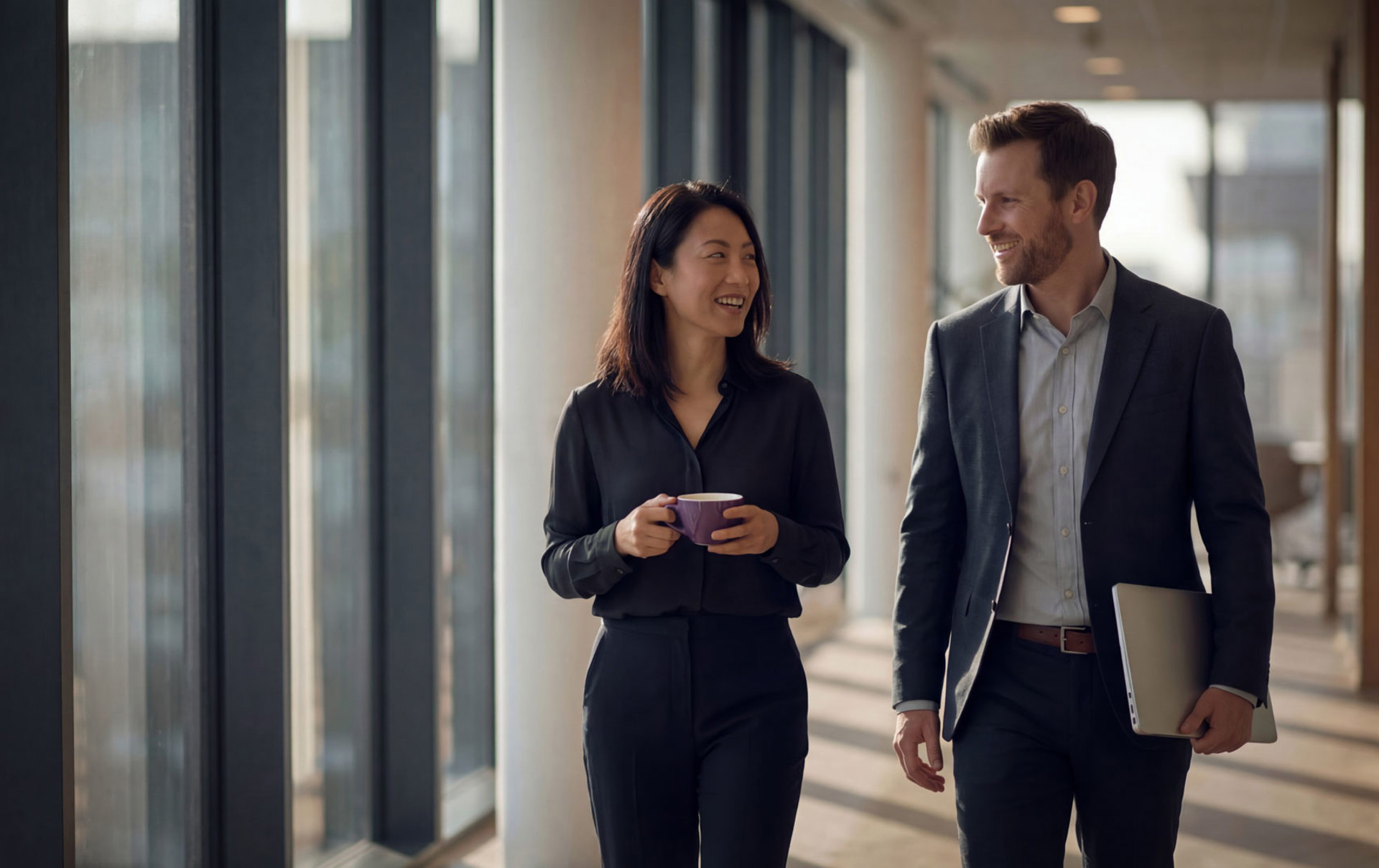 Ein Mann und eine Frau gehen in Businesskleidung einen Flur entlang