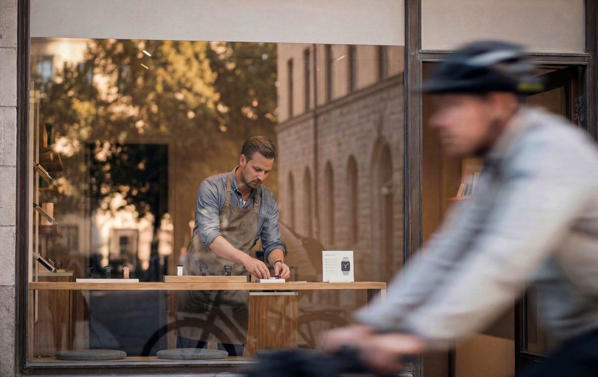 Ein Mann dekoriert sein Schaufenster. Draußen fährt eine Fahrradfahrer vorbei