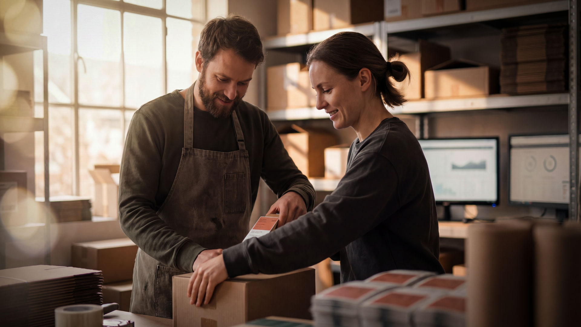 Eine Frau und ein Mann verpacken gemeinsam ein Paket
