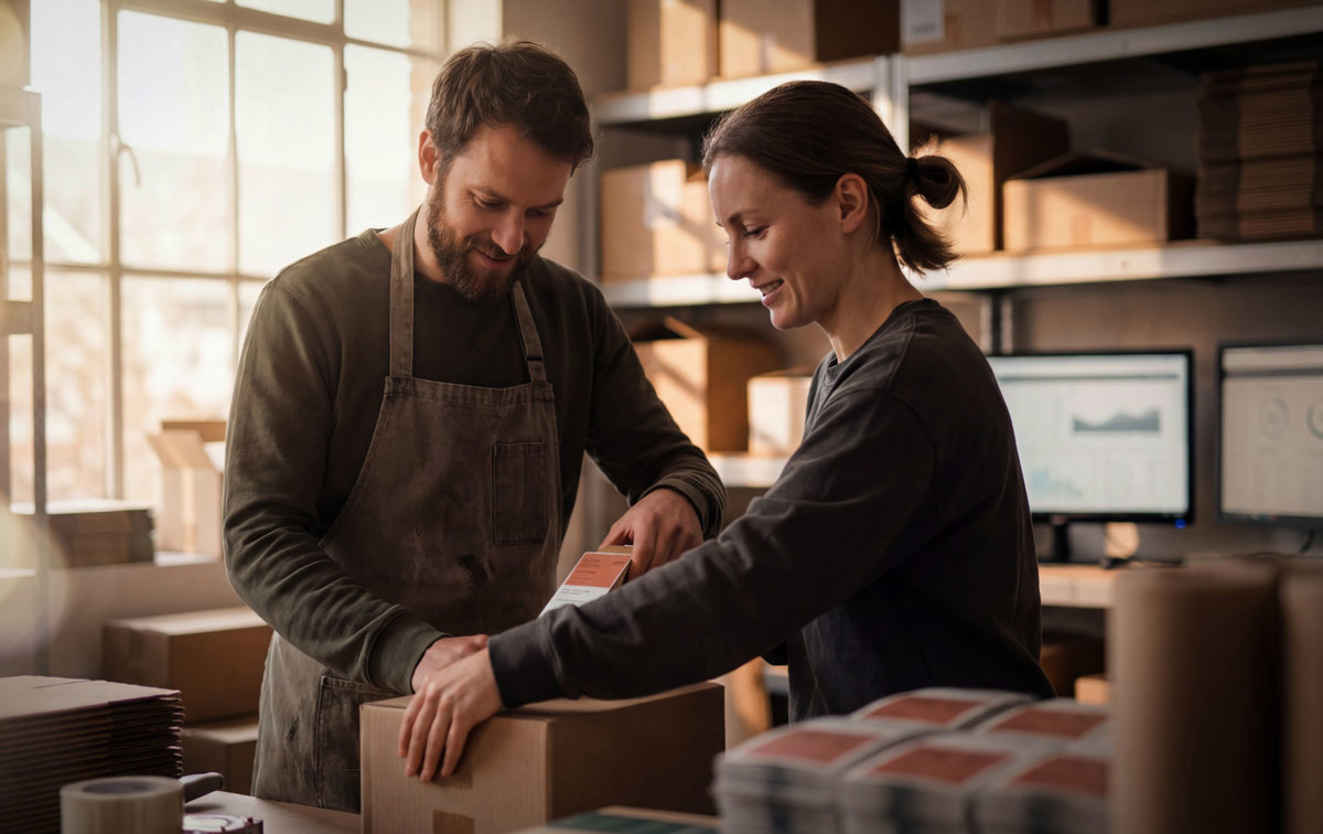 Zwei Personen verpacken ein Paket