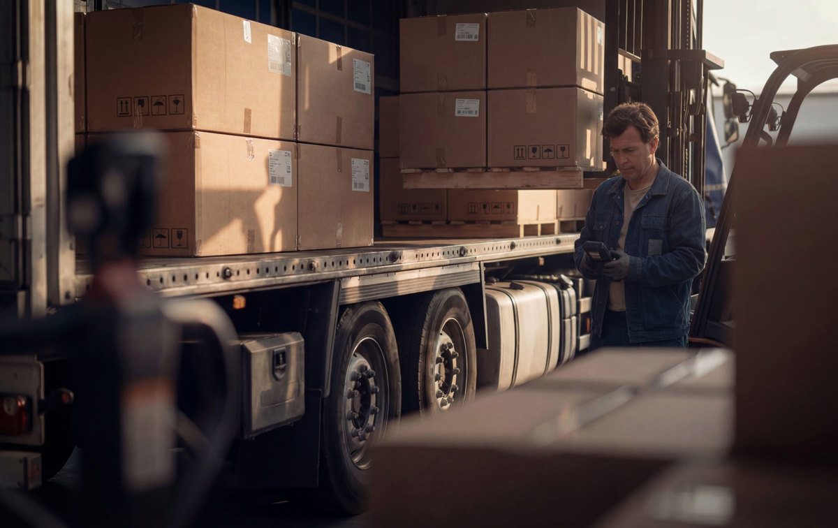 Ein Mann vor einem LKW mit Pakten